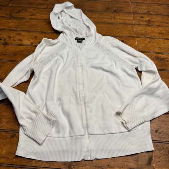 Eddie Bauer Tops - Eddie Bauer White Cotton Knit Zip Up Hoodie Sweater Women's M Mesh Detail